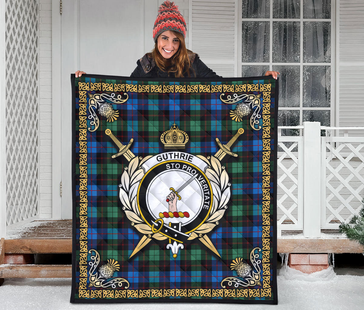 Guthrie Ancient Tartan Crest Premium Quilt - Celtic Thistle Style