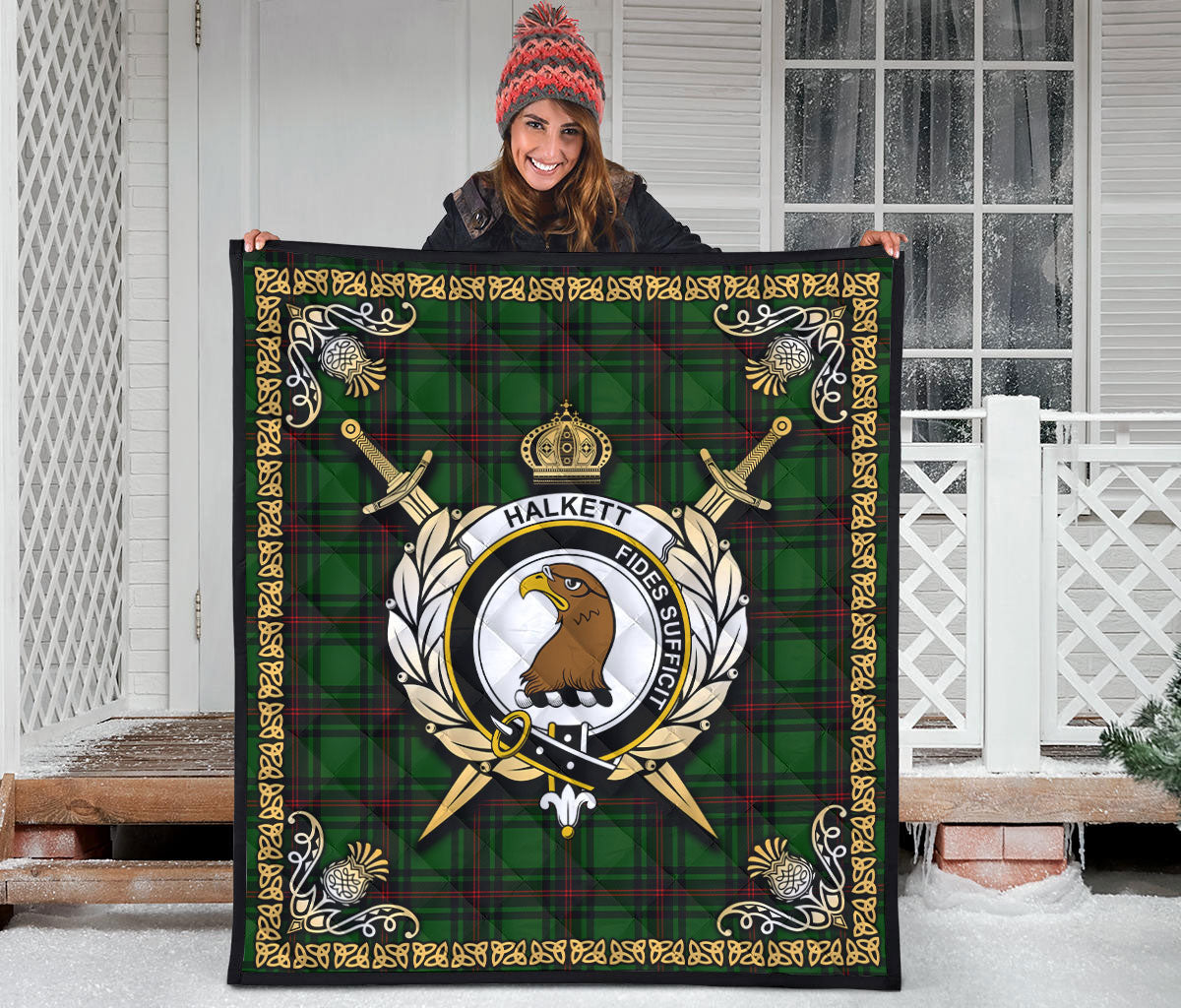 Halkett Tartan Crest Premium Quilt - Celtic Thistle Style