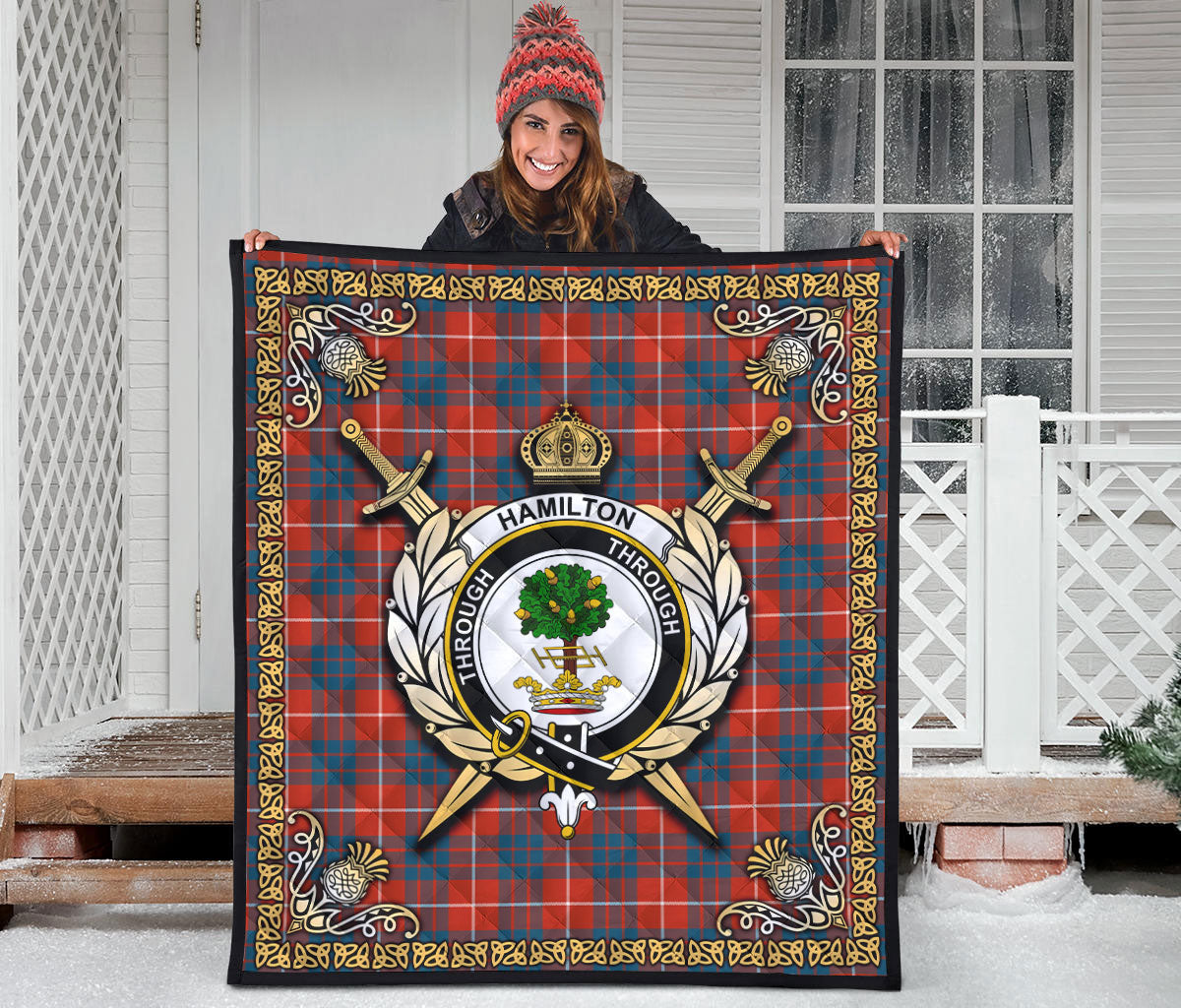 Hamilton Ancient Tartan Crest Premium Quilt - Celtic Thistle Style