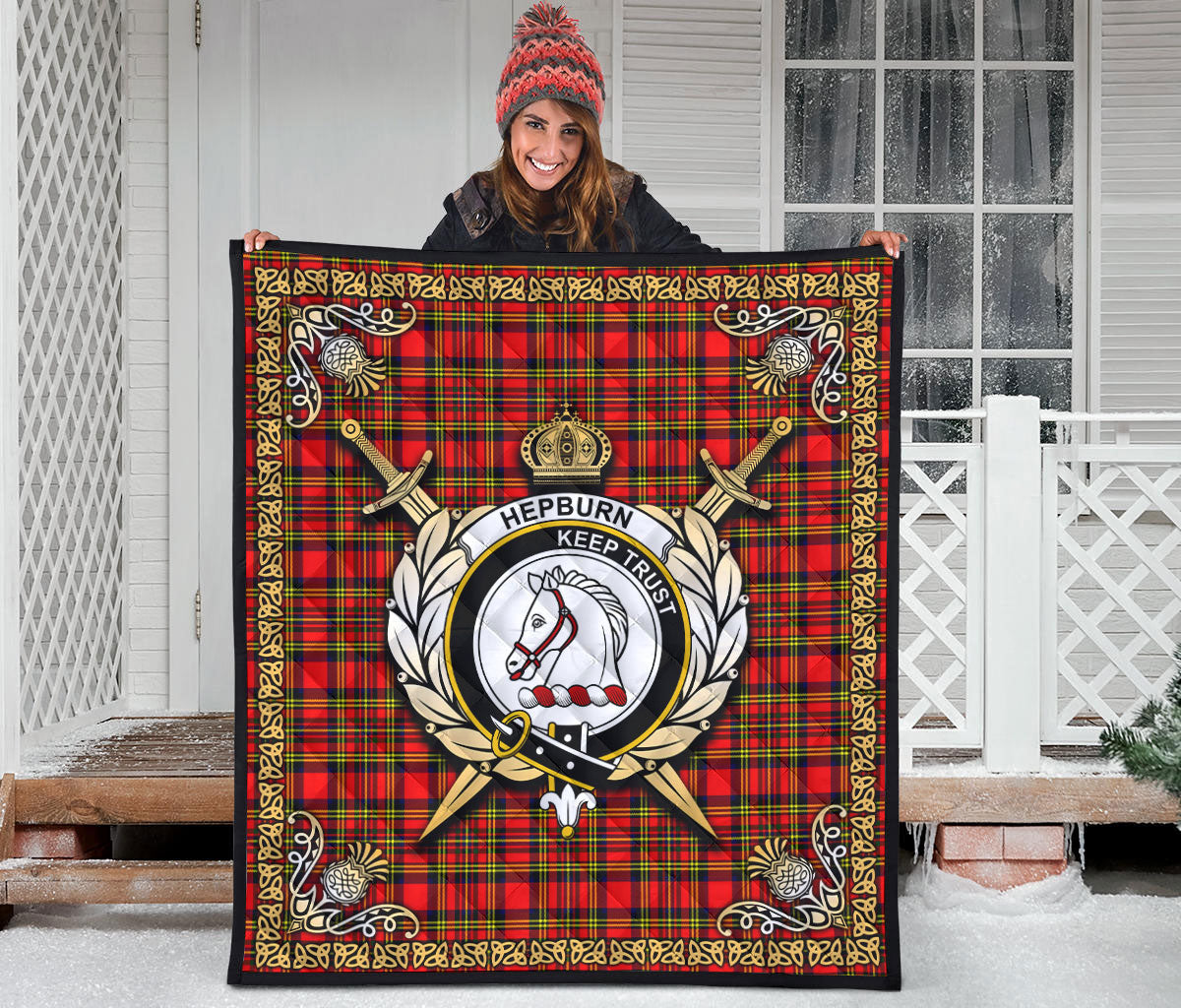 Hepburn Tartan Crest Premium Quilt - Celtic Thistle Style