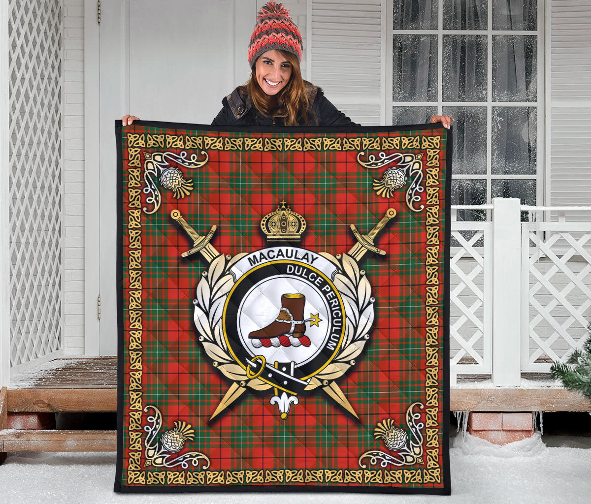 MacAulay Ancient Tartan Crest Premium Quilt - Celtic Thistle Style