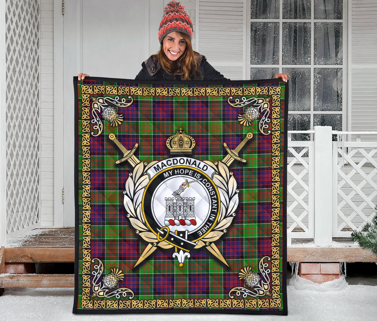 MacDonald (Clan Ranald) Tartan Crest Premium Quilt - Celtic Thistle Style