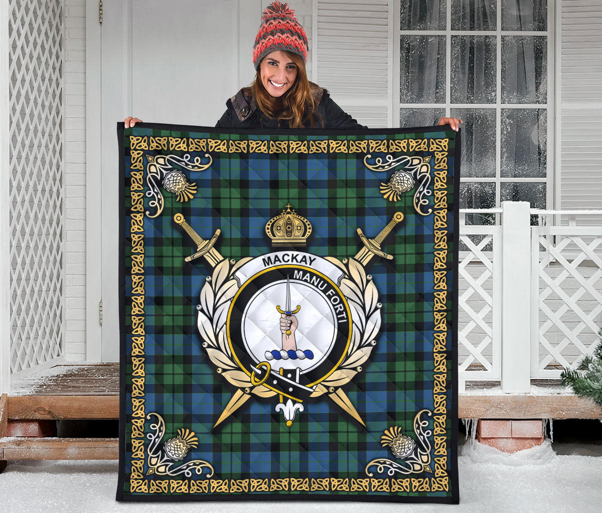 MacKay Ancient Tartan Crest Premium Quilt - Celtic Thistle Style