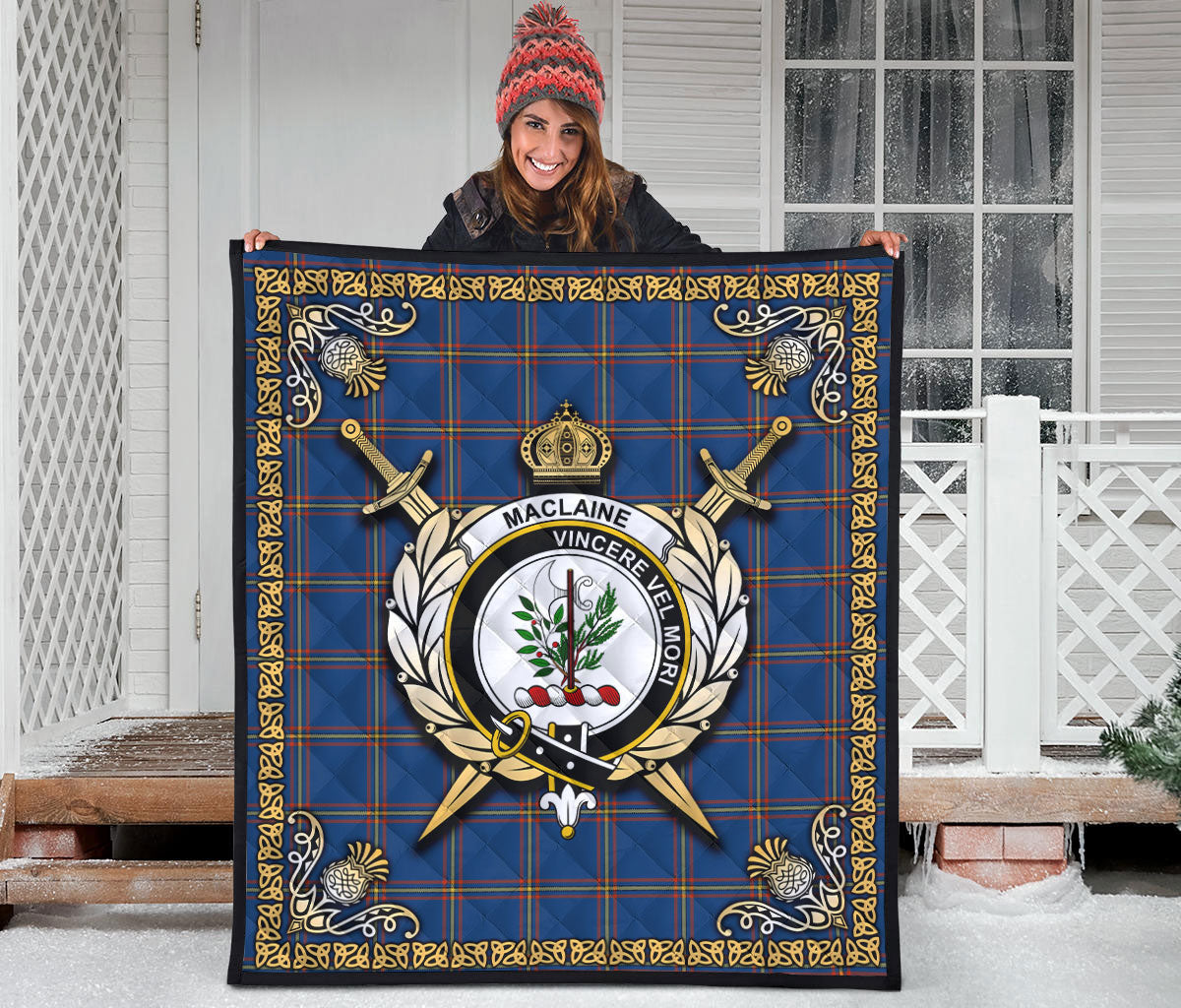 MacLaine of Loch Buie Hunting Ancient Tartan Crest Premium Quilt - Celtic Thistle Style