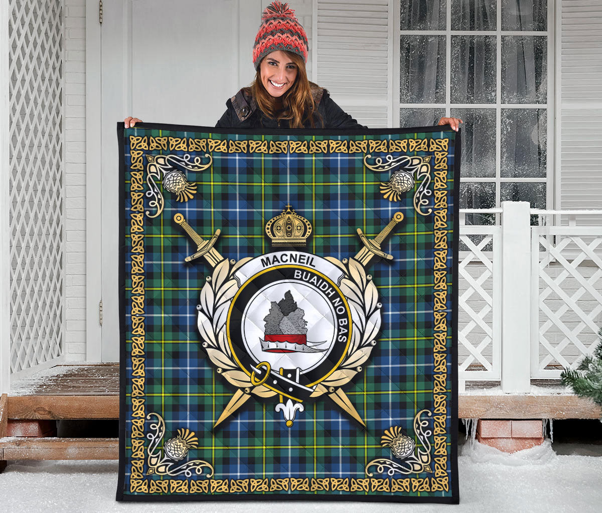 MacNeill of Barra Ancient Tartan Crest Premium Quilt - Celtic Thistle Style