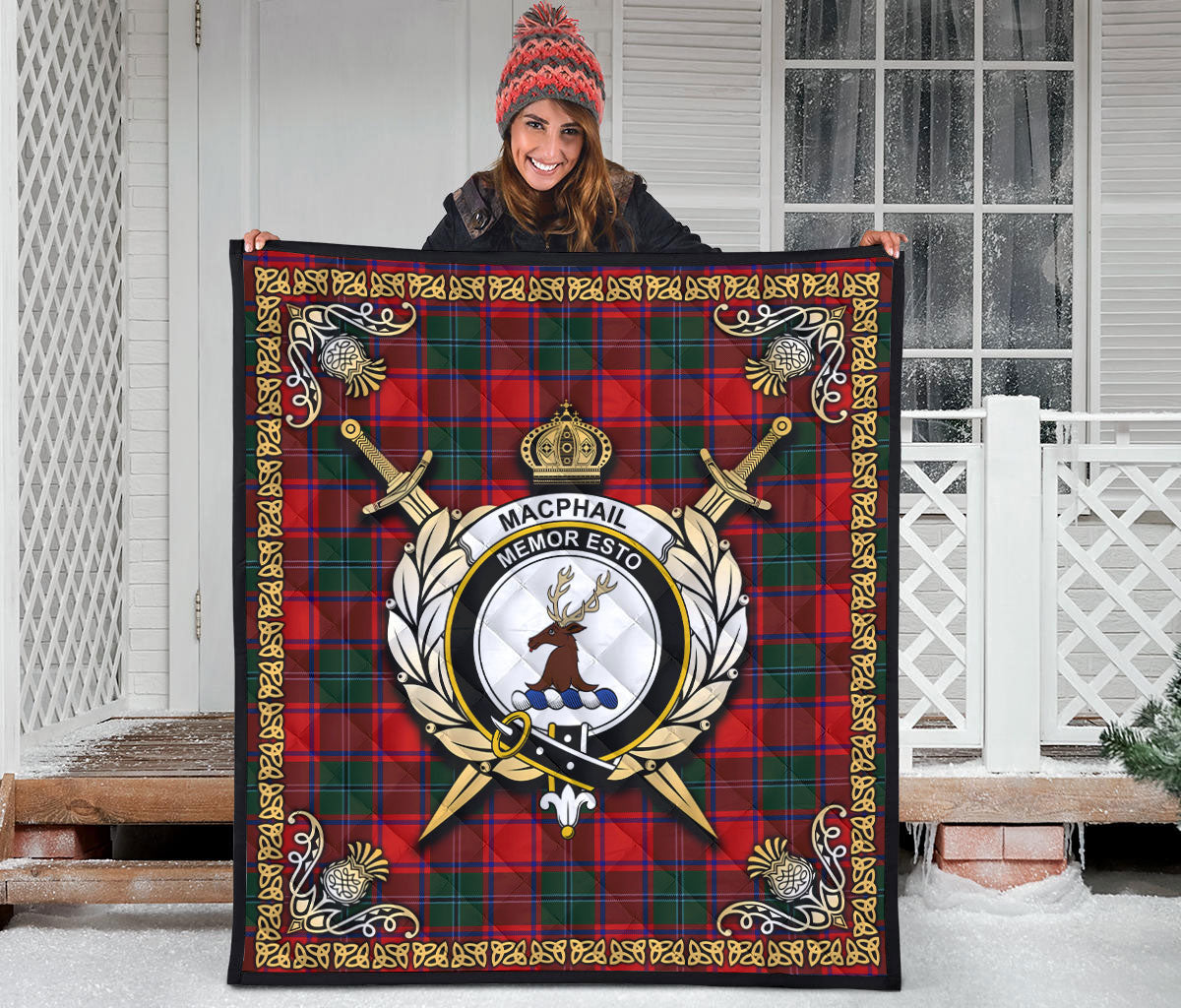 MacPhail Clan Tartan Crest Premium Quilt - Celtic Thistle Style