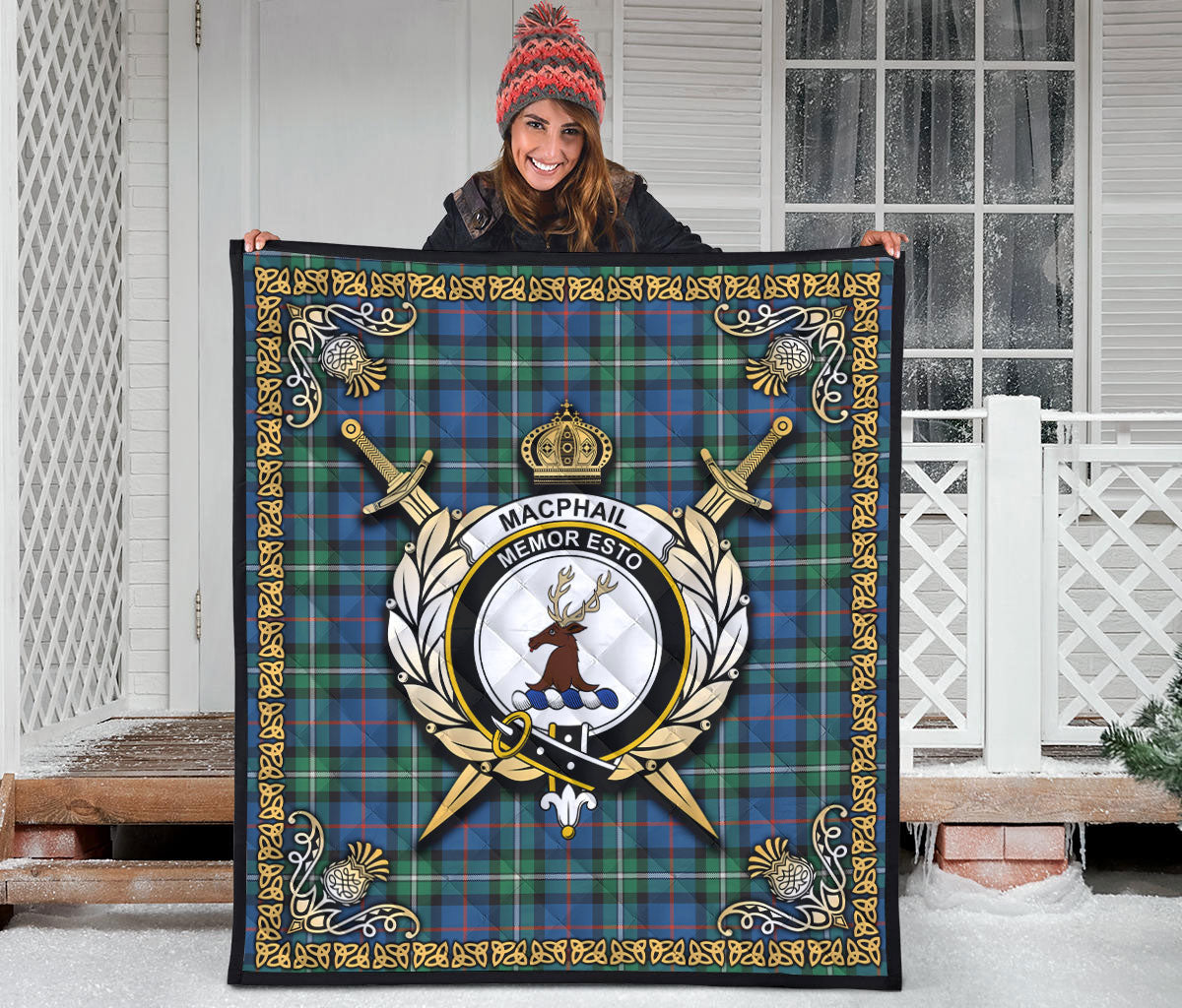 MacPhail Hunting Ancient Tartan Crest Premium Quilt - Celtic Thistle Style