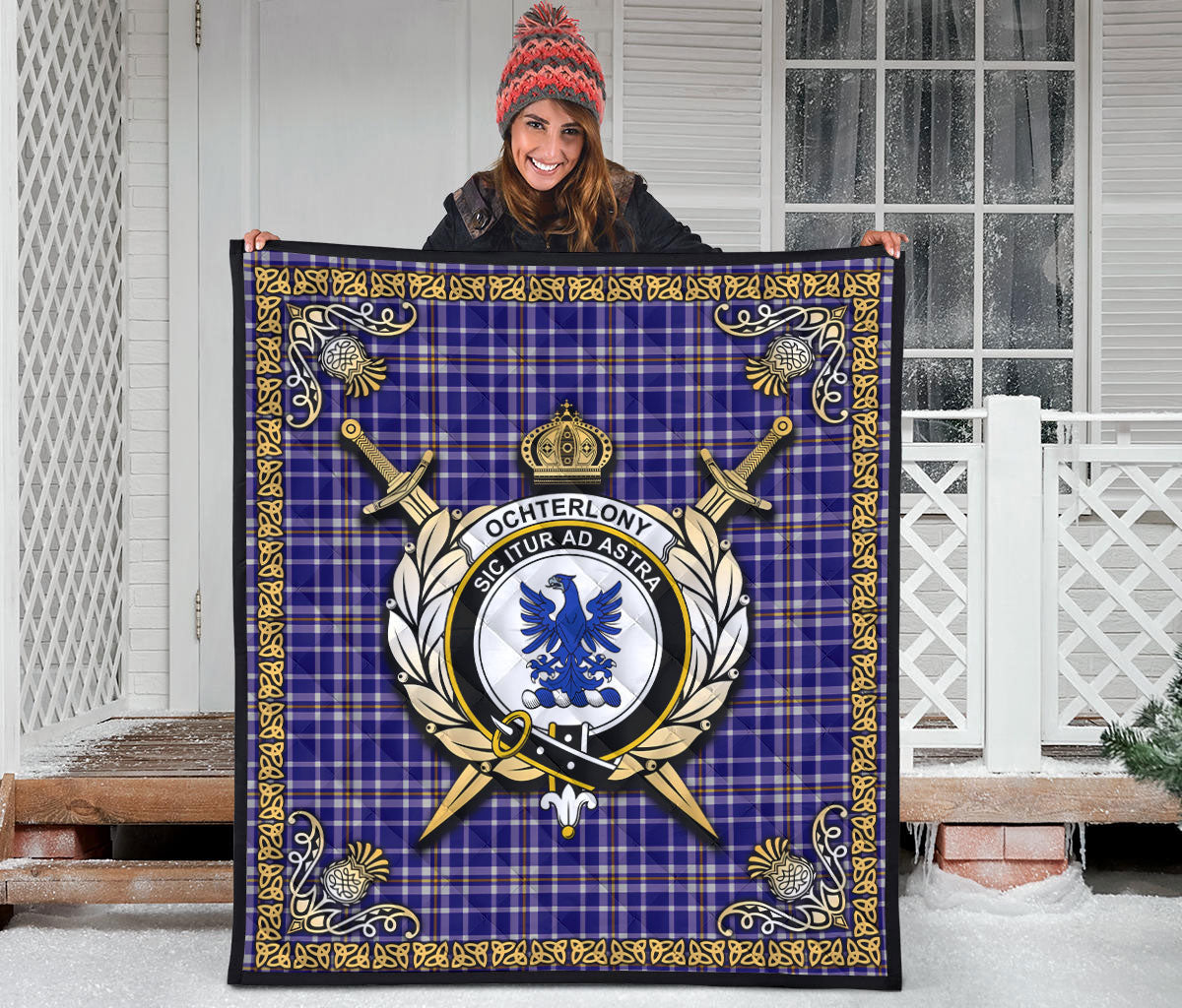 Ochterlony Tartan Crest Premium Quilt - Celtic Thistle Style