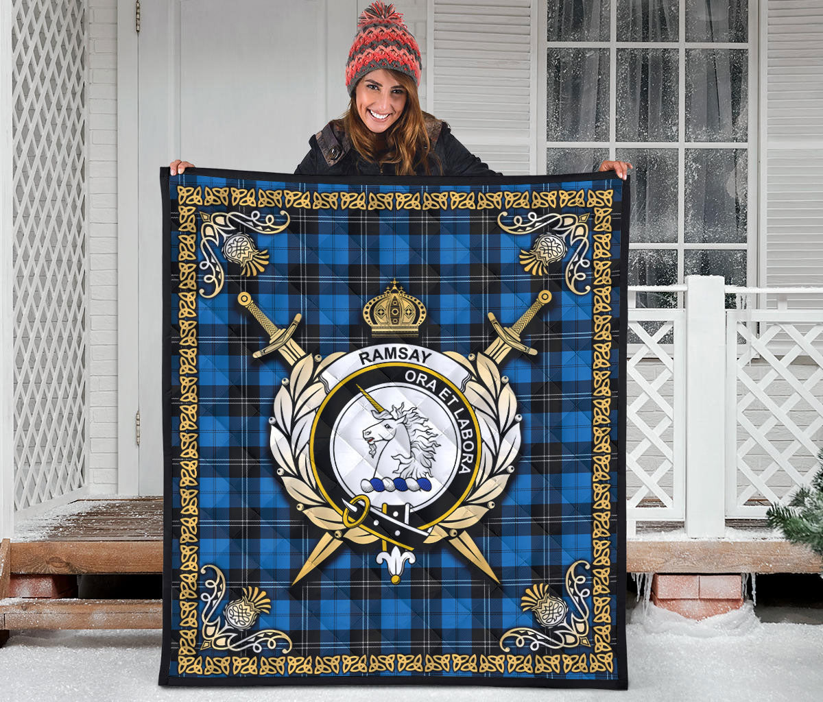 Ramsay Blue Ancient Tartan Crest Premium Quilt - Celtic Thistle Style