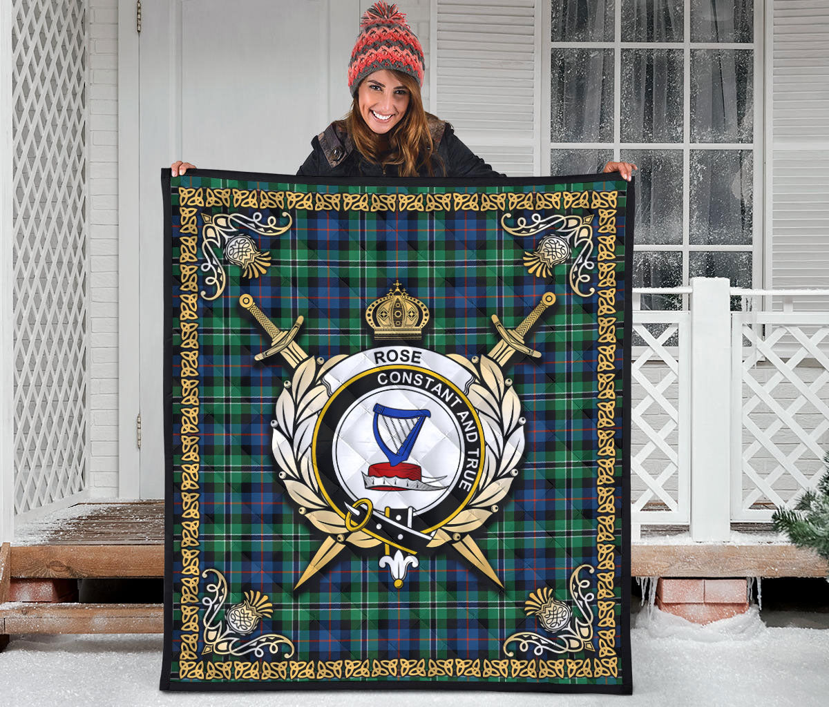 Rose Hunting Ancient Tartan Crest Premium Quilt - Celtic Thistle Style