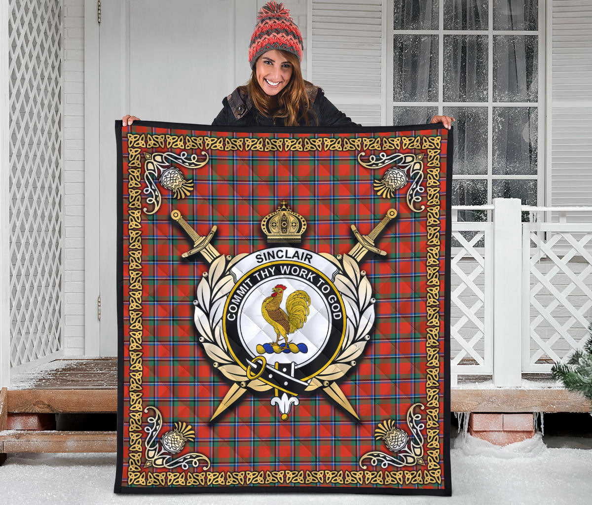 Sinclair Ancient Tartan Crest Premium Quilt - Celtic Thistle Style