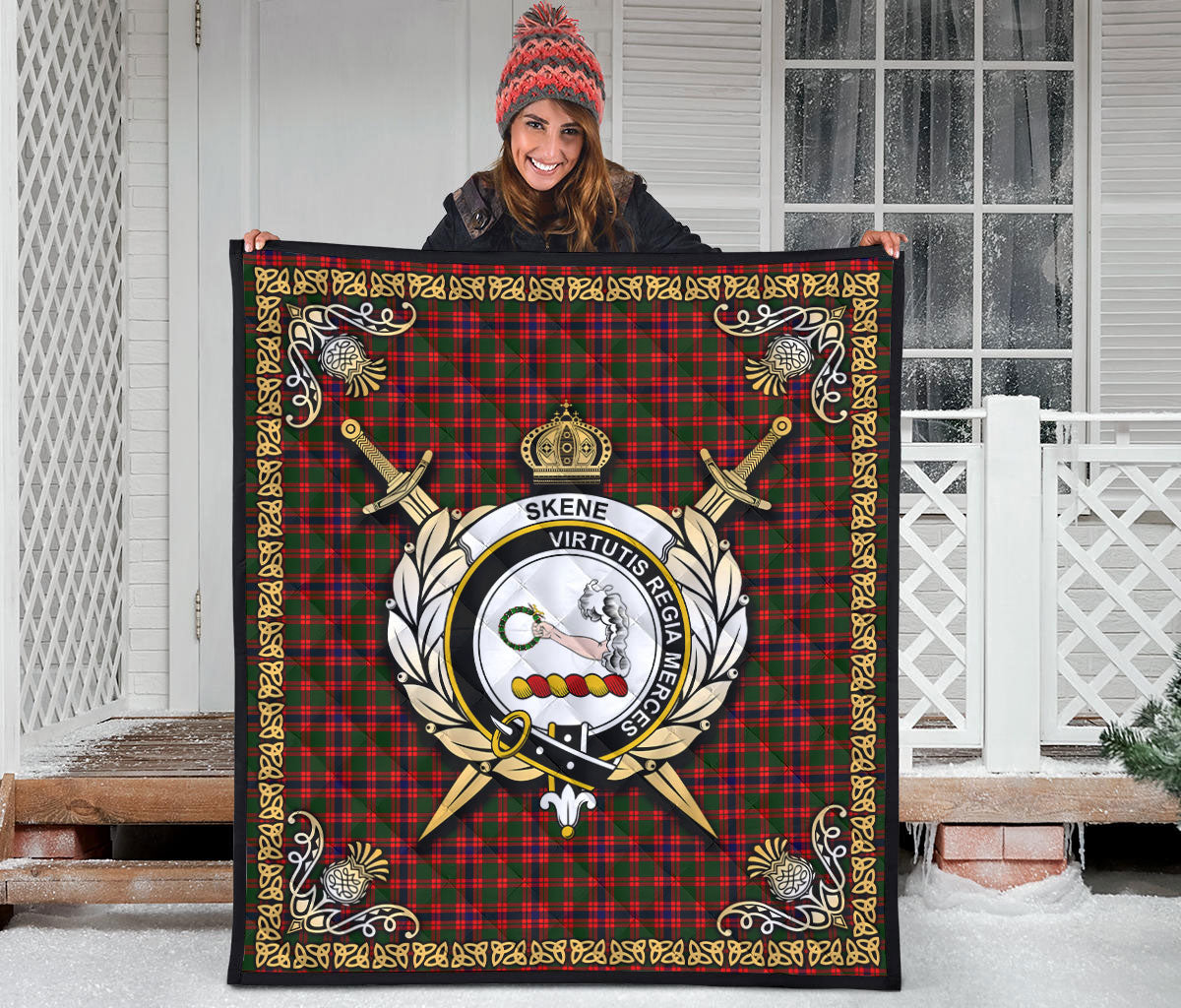 Skene Modern Tartan Crest Premium Quilt - Celtic Thistle Style