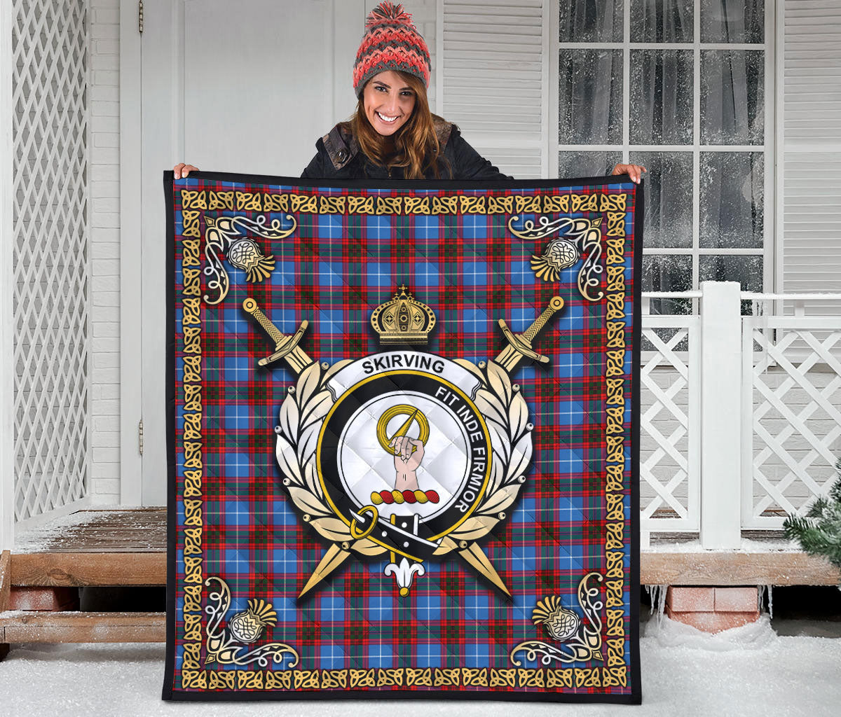 Skirving Tartan Crest Premium Quilt - Celtic Thistle Style