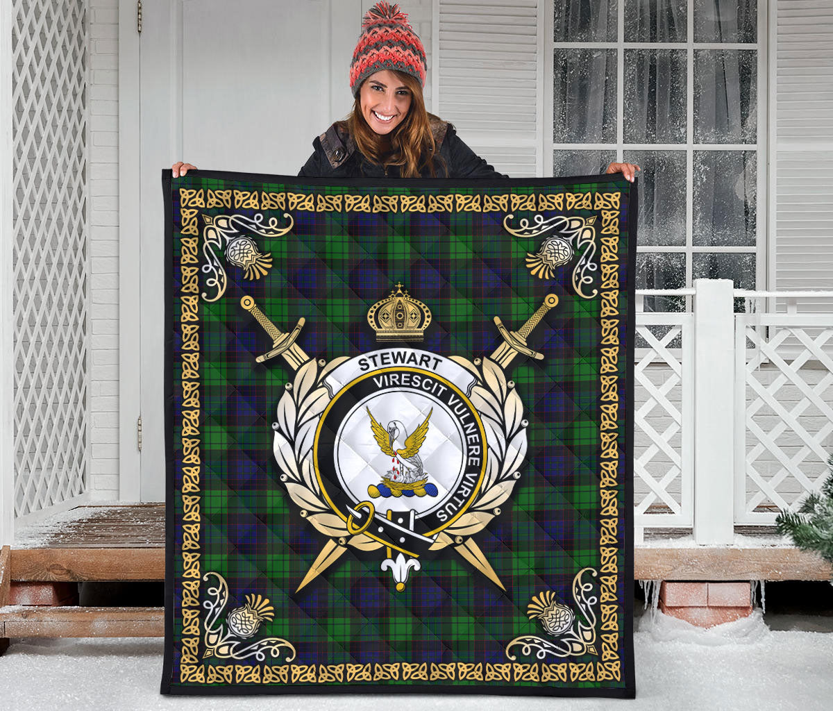 Stewart Old Modern Tartan Crest Premium Quilt - Celtic Thistle Style