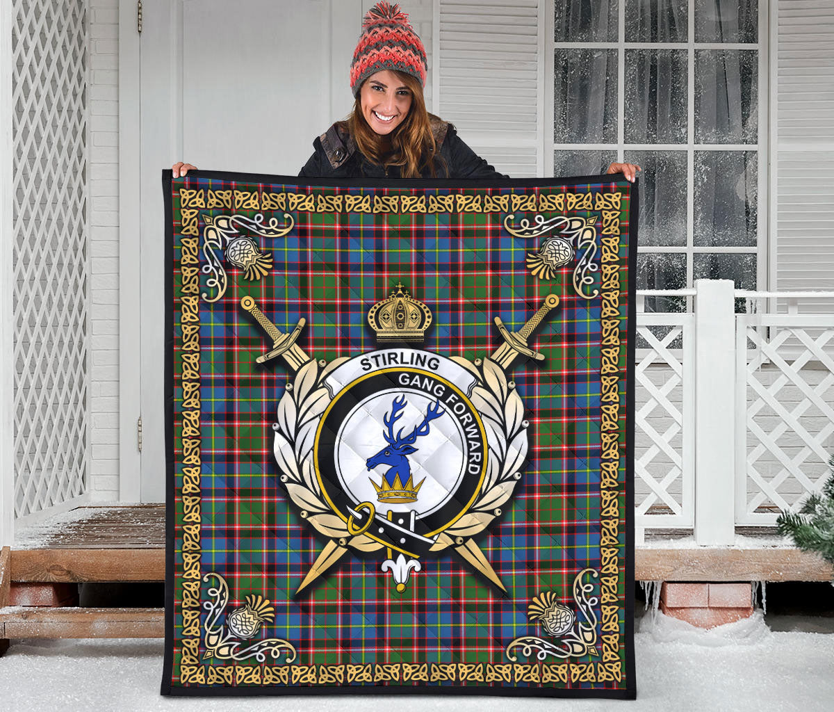 Stirling (of Cadder-Present Chief) Tartan Crest Premium Quilt - Celtic Thistle Style