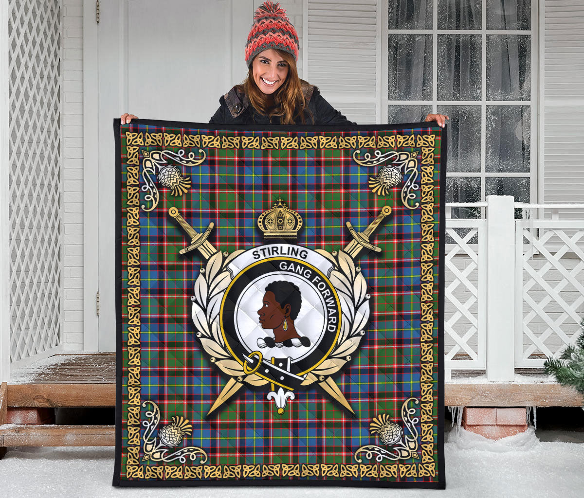 Stirling (of Keir) Tartan Crest Premium Quilt - Celtic Thistle Style