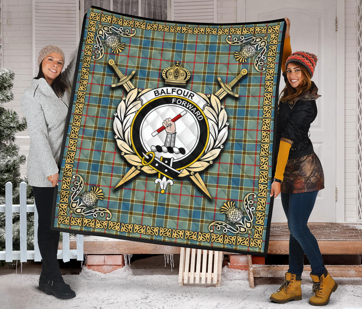 Balfour Blue Tartan Crest Premium Quilt - Celtic Thistle Style