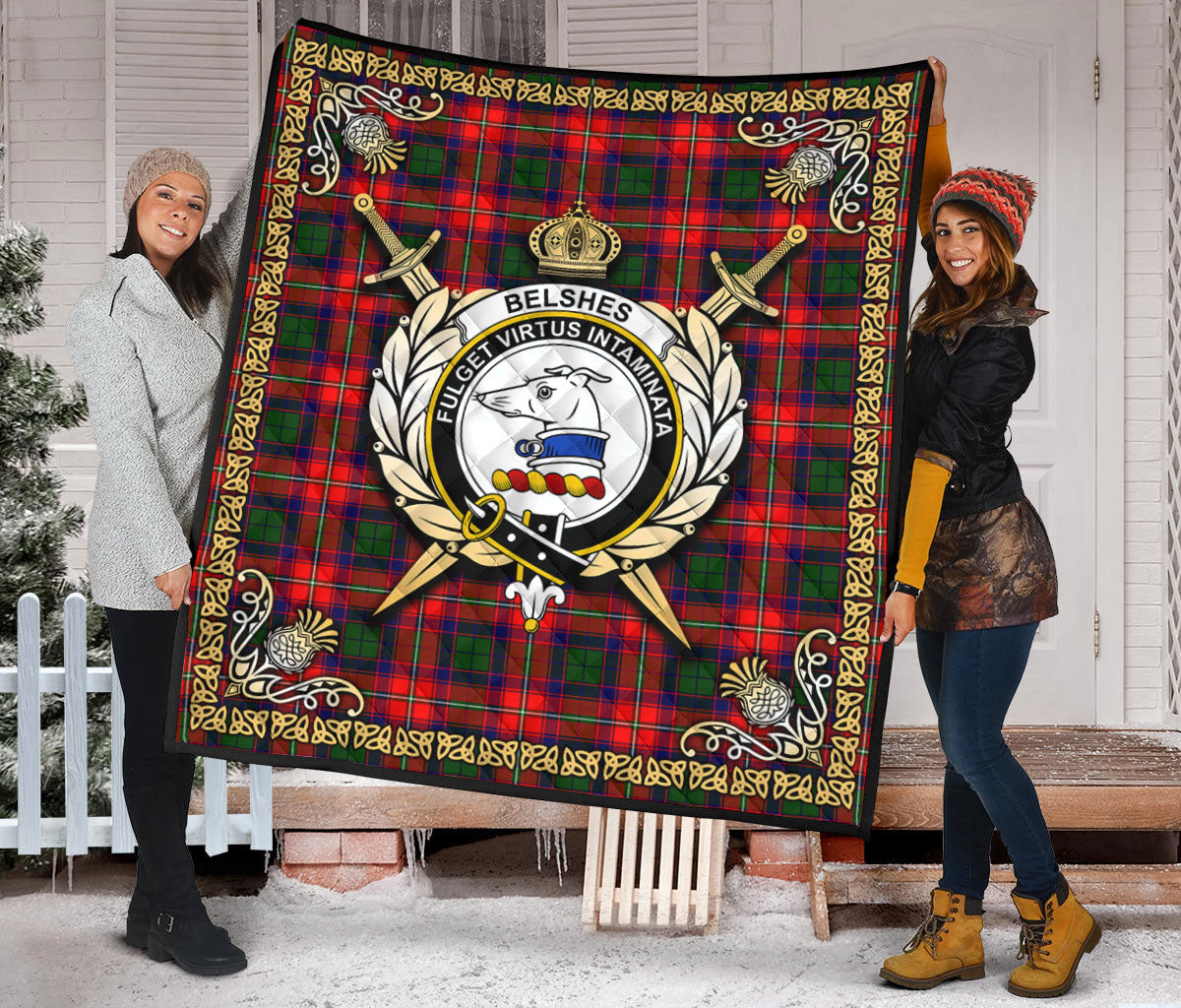 Belshes Tartan Crest Premium Quilt - Celtic Thistle Style