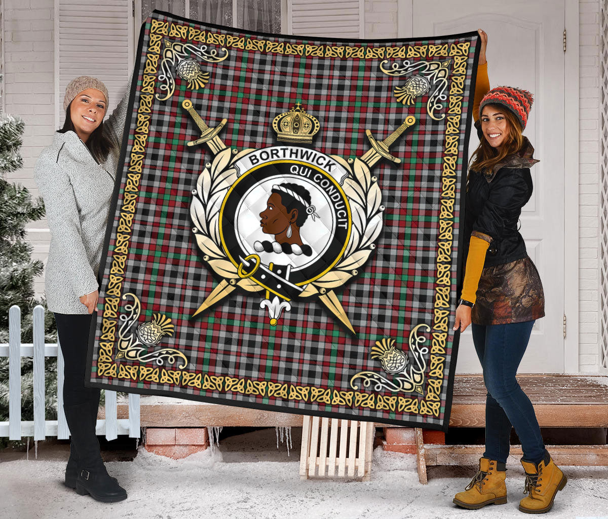 Borthwick Ancient Tartan Crest Premium Quilt - Celtic Thistle Style