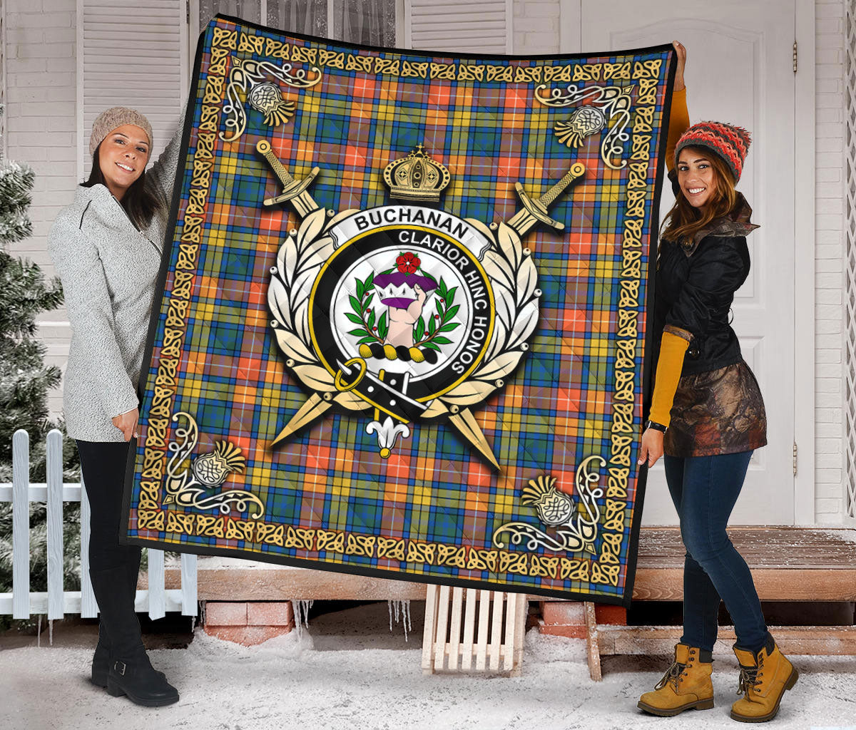 Buchanan Ancient Tartan Crest Premium Quilt - Celtic Thistle Style