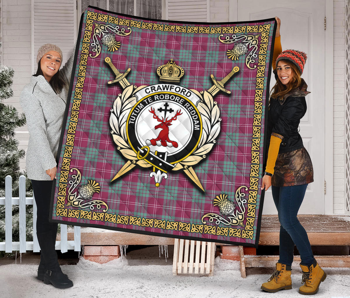 Crawford Ancient Tartan Crest Premium Quilt - Celtic Thistle Style