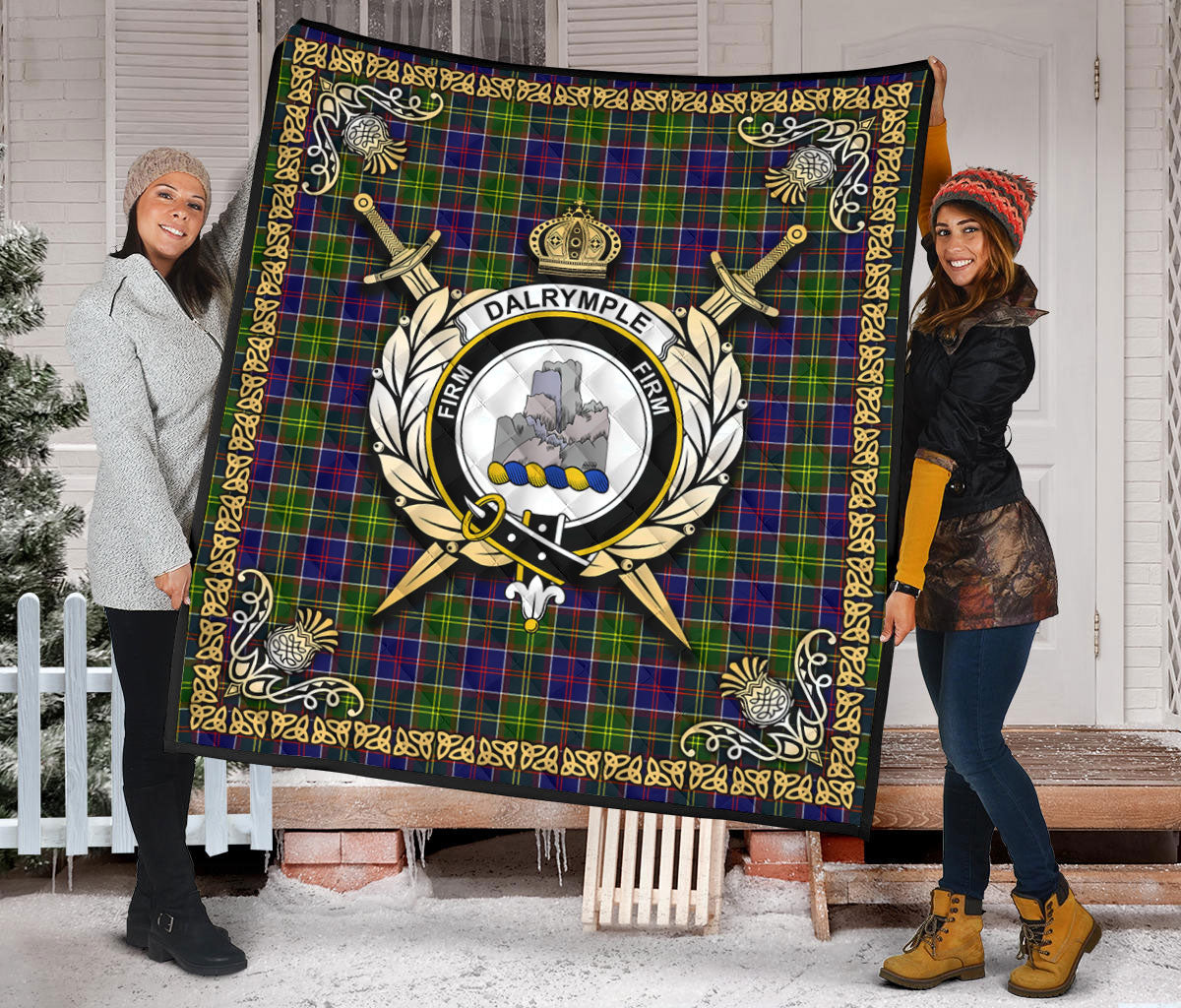 Dalrymple Tartan Crest Premium Quilt - Celtic Thistle Style