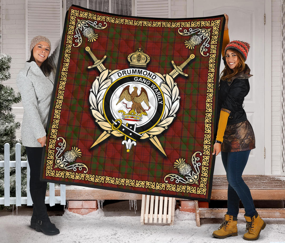 Drummond Clan Tartan Crest Premium Quilt - Celtic Thistle Style