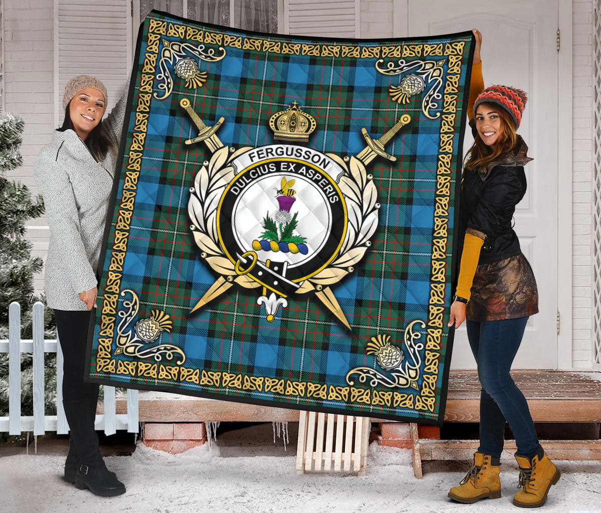 Fergusson Ancient Tartan Crest Premium Quilt - Celtic Thistle Style