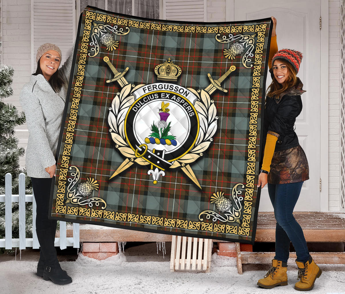 Fergusson Weathered Tartan Crest Premium Quilt - Celtic Thistle Style