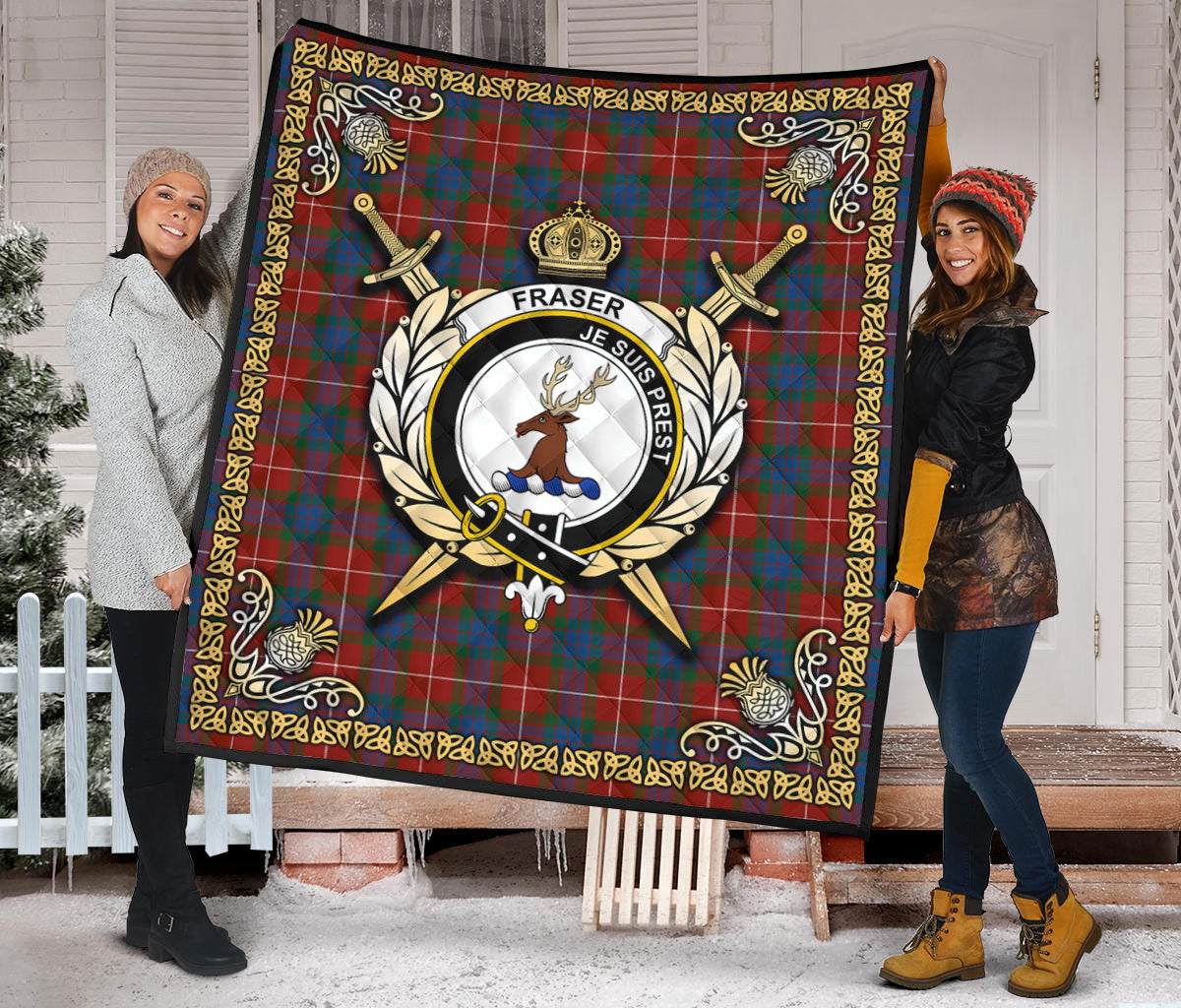 Fraser (of Lovat) Ancient Tartan Crest Premium Quilt - Celtic Thistle Style