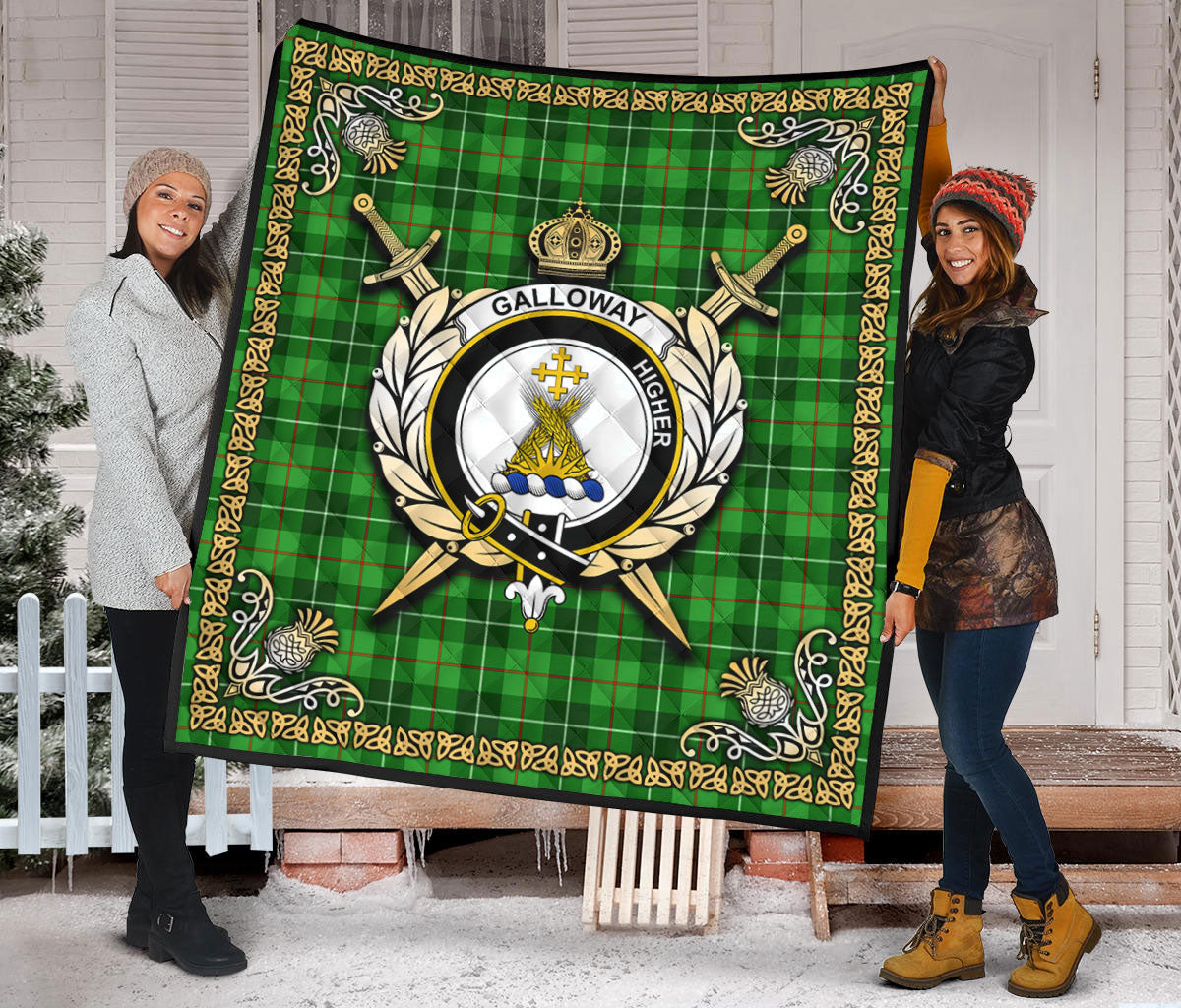 Galloway District Tartan Crest Premium Quilt - Celtic Thistle Style