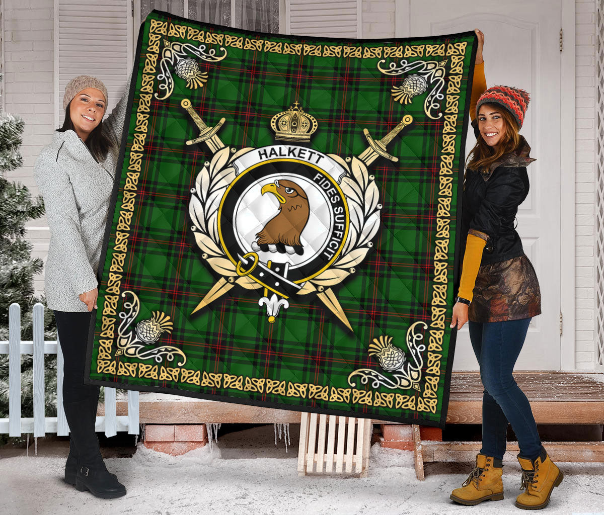 Halkett Tartan Crest Premium Quilt - Celtic Thistle Style