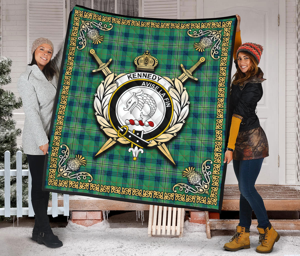 Kennedy Ancient Tartan Crest Premium Quilt - Celtic Thistle Style