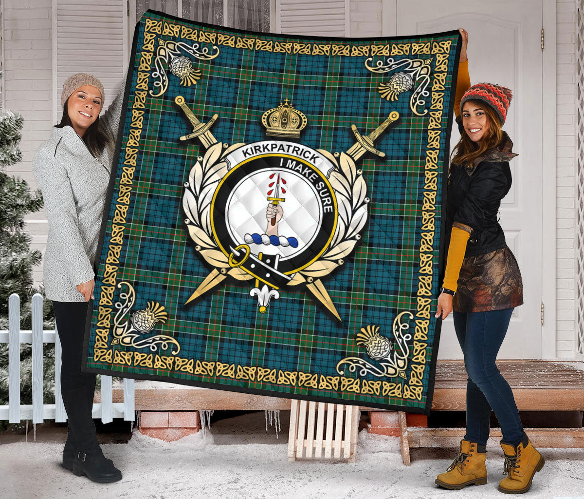 Kirkpatrick Ancient Tartan Crest Premium Quilt - Celtic Thistle Style