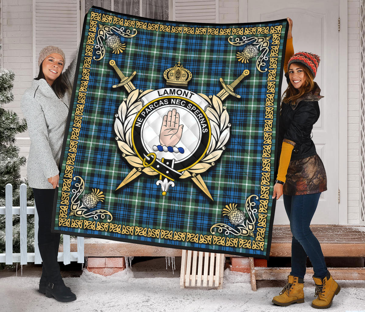 Lamont Ancient Tartan Crest Premium Quilt - Celtic Thistle Style