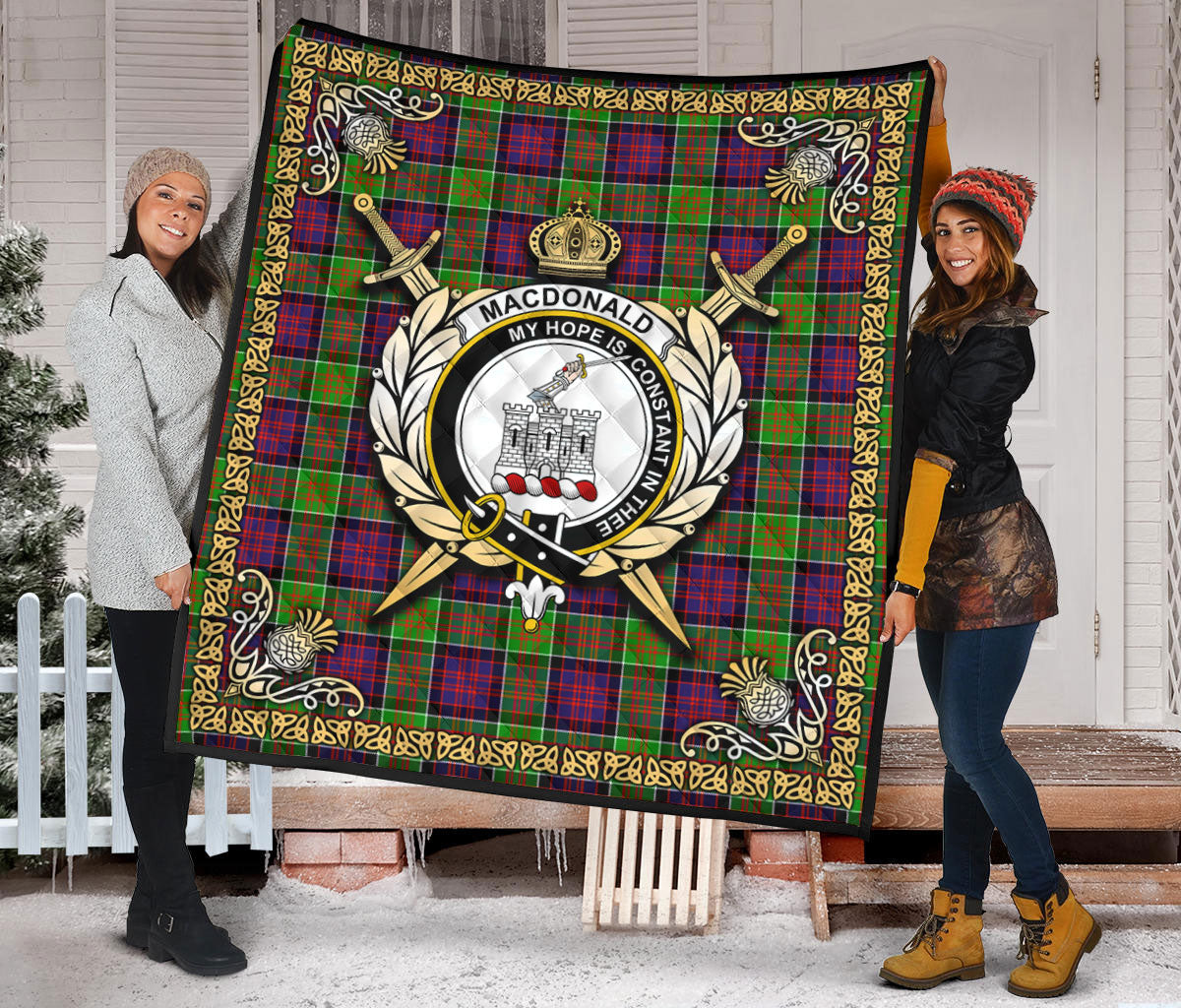 MacDonald (Clan Ranald) Tartan Crest Premium Quilt - Celtic Thistle Style