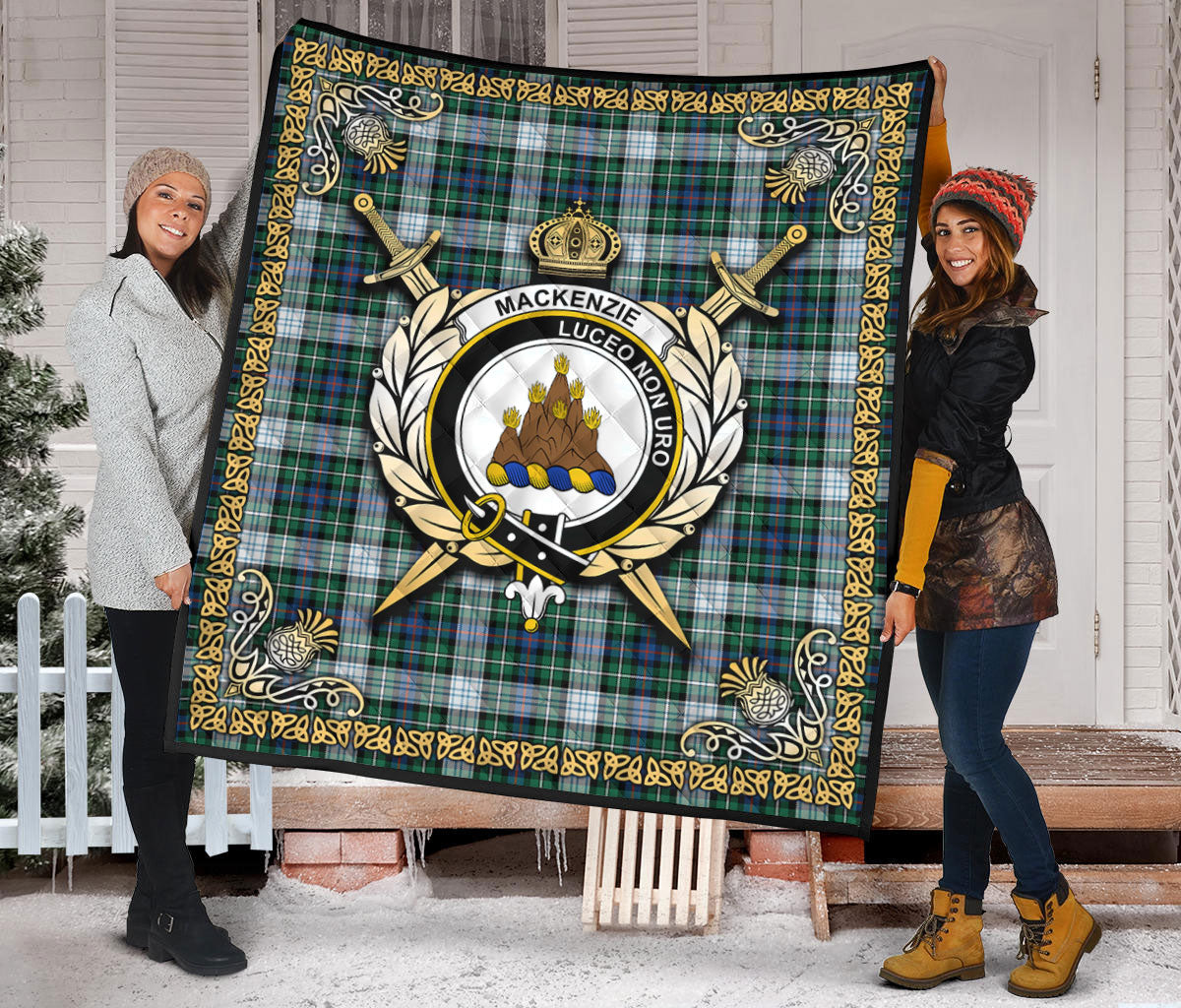 MacKenzie Dress Ancient Tartan Crest Premium Quilt - Celtic Thistle Style