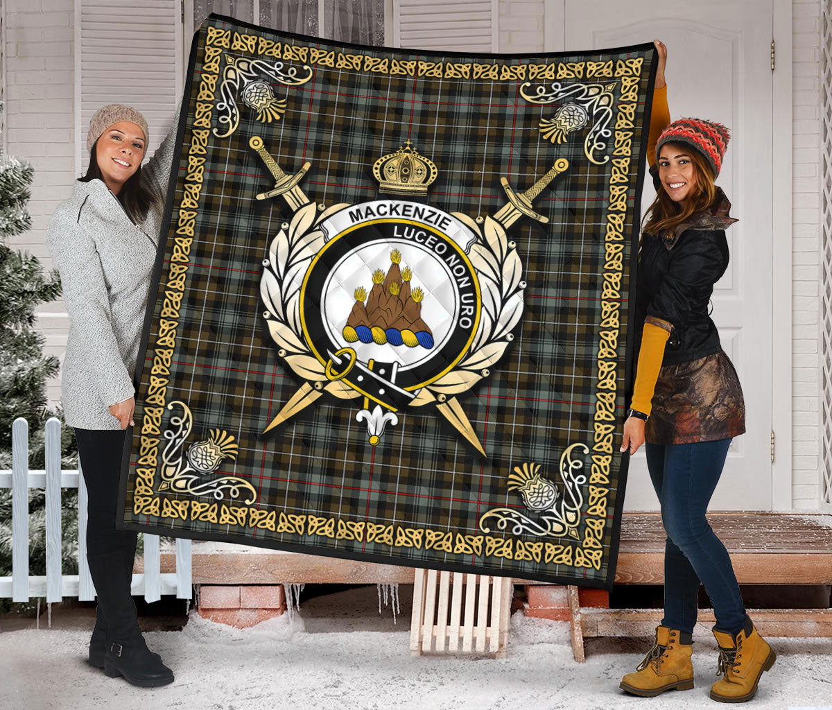 MacKenzie Weathered Tartan Crest Premium Quilt - Celtic Thistle Style