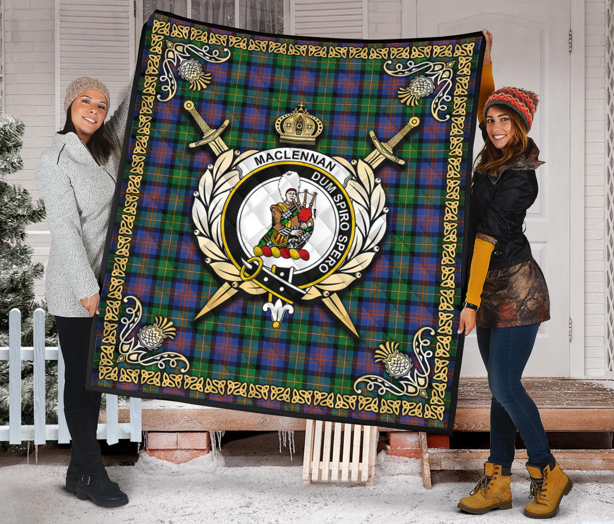 MacLennan Ancient Tartan Crest Premium Quilt - Celtic Thistle Style
