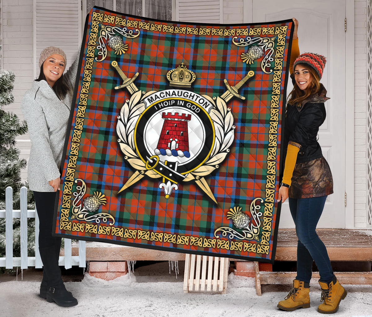 MacNaughton Ancient Tartan Crest Premium Quilt - Celtic Thistle Style