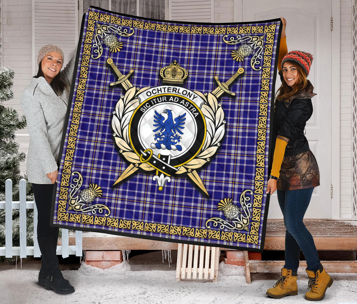 Ochterlony Tartan Crest Premium Quilt - Celtic Thistle Style