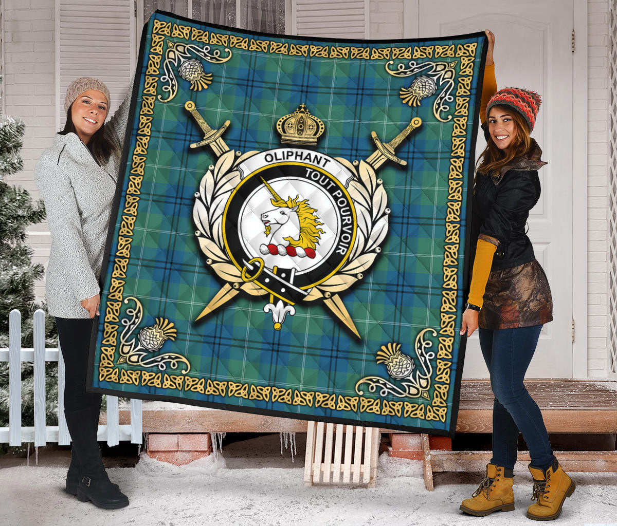 Oliphant Ancient Tartan Crest Premium Quilt - Celtic Thistle Style