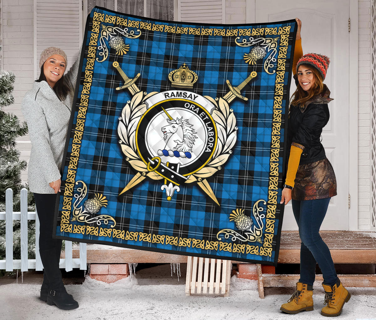 Ramsay Blue Ancient Tartan Crest Premium Quilt - Celtic Thistle Style