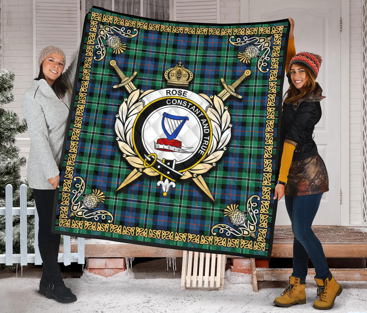 Rose Hunting Ancient Tartan Crest Premium Quilt - Celtic Thistle Style