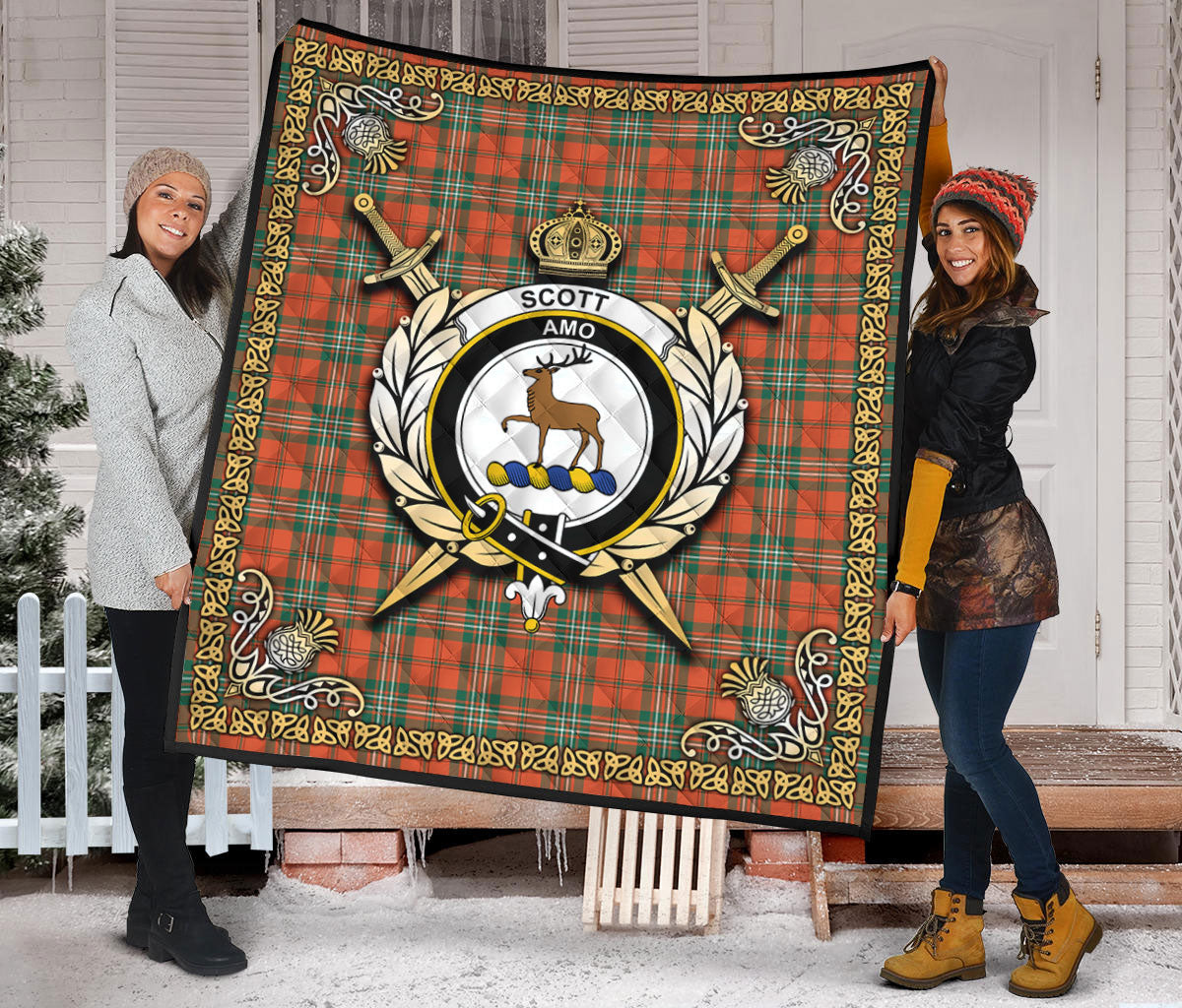 Scott Ancient Tartan Crest Premium Quilt - Celtic Thistle Style