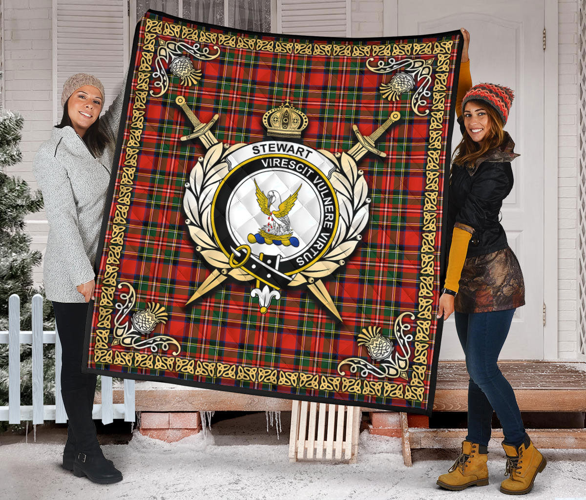 Stewart Royal Modern Tartan Crest Premium Quilt - Celtic Thistle Style