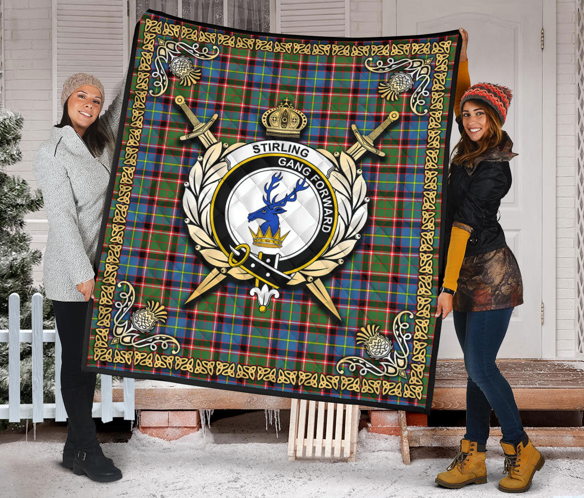 Stirling (of Cadder-Present Chief) Tartan Crest Premium Quilt - Celtic Thistle Style