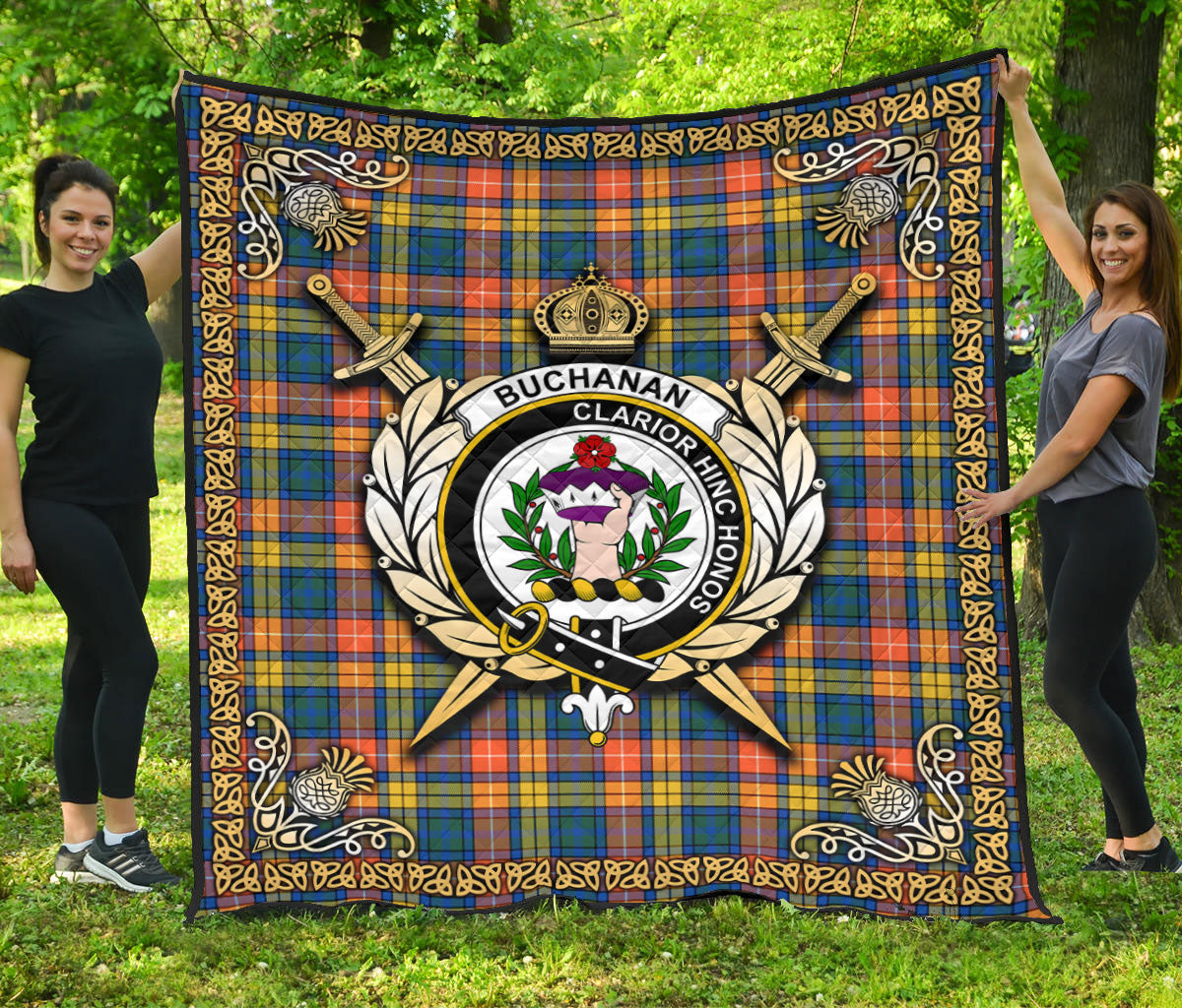 Buchanan Ancient Tartan Crest Premium Quilt - Celtic Thistle Style