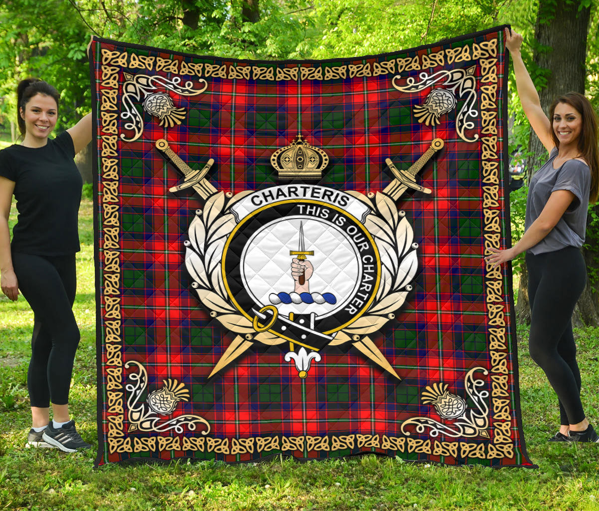Charteris (Earl of Wemyss) Tartan Crest Premium Quilt - Celtic Thistle Style