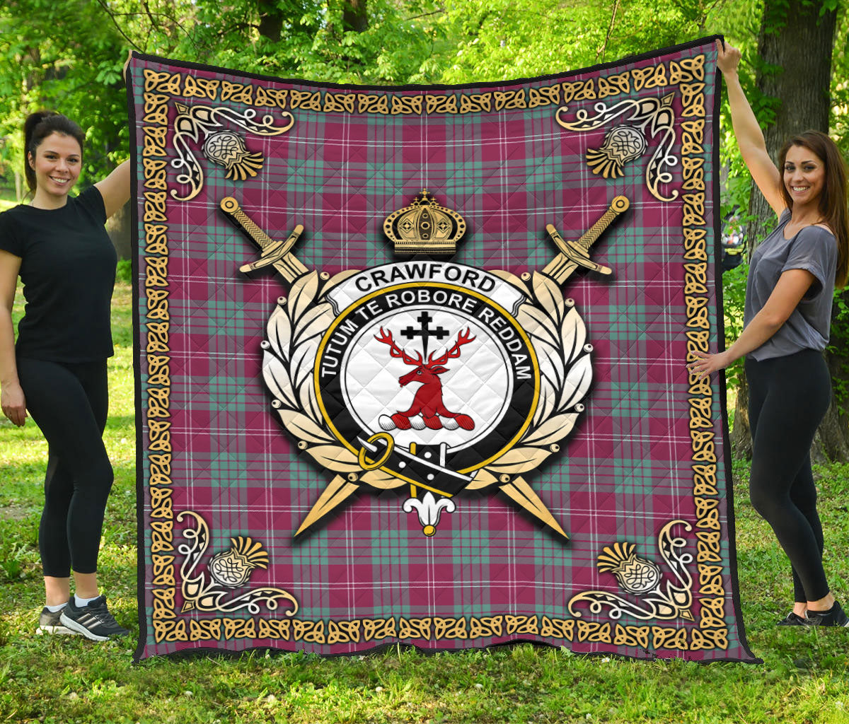 Crawford Ancient Tartan Crest Premium Quilt - Celtic Thistle Style